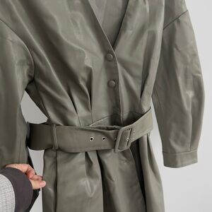 Women’s Olive Faux-Leather Trench Coat with Belt